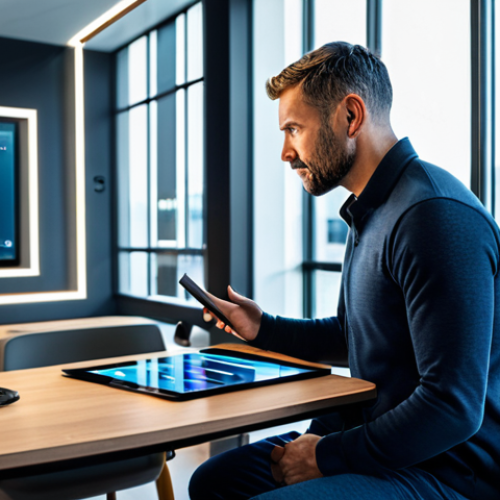 Home 14 A focused adult professional interacting with a futuristic learning application on a sleek tablet, with holographic projections displaying personalized AI-driven learning paths and a virtual reality environment simulating a sports training exercise. The professional is wearing a modest business casual outfit, seated comfortably in a modern, well-lit study lounge with large windows. The overall atmosphere is one of technological advancement and seamless user experience. Perfect anatomy, correct proportions, natural pose, well-formed hands, proper finger count, natural body proportions. Safe for work, appropriate content, fully clothed, professional, high quality, detailed, realistic photography.