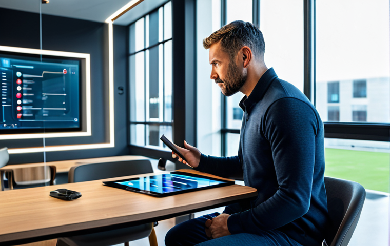 A focused adult professional interacting with a futuristic learning application on a sleek tablet, with holographic projections displaying personalized AI-driven learning paths and a virtual reality environment simulating a sports training exercise. The professional is wearing a modest business casual outfit, seated comfortably in a modern, well-lit study lounge with large windows. The overall atmosphere is one of technological advancement and seamless user experience. Perfect anatomy, correct proportions, natural pose, well-formed hands, proper finger count, natural body proportions. Safe for work, appropriate content, fully clothed, professional, high quality, detailed, realistic photography.